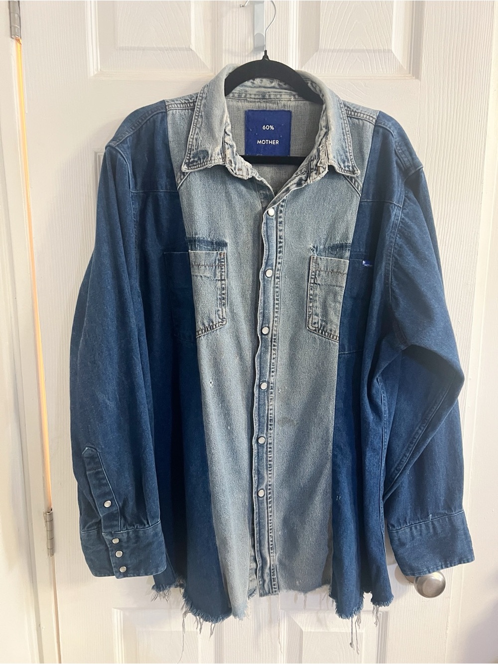 MOTHER Two-Tone Blue Patchwork Denim Shirt Jacket OSFM